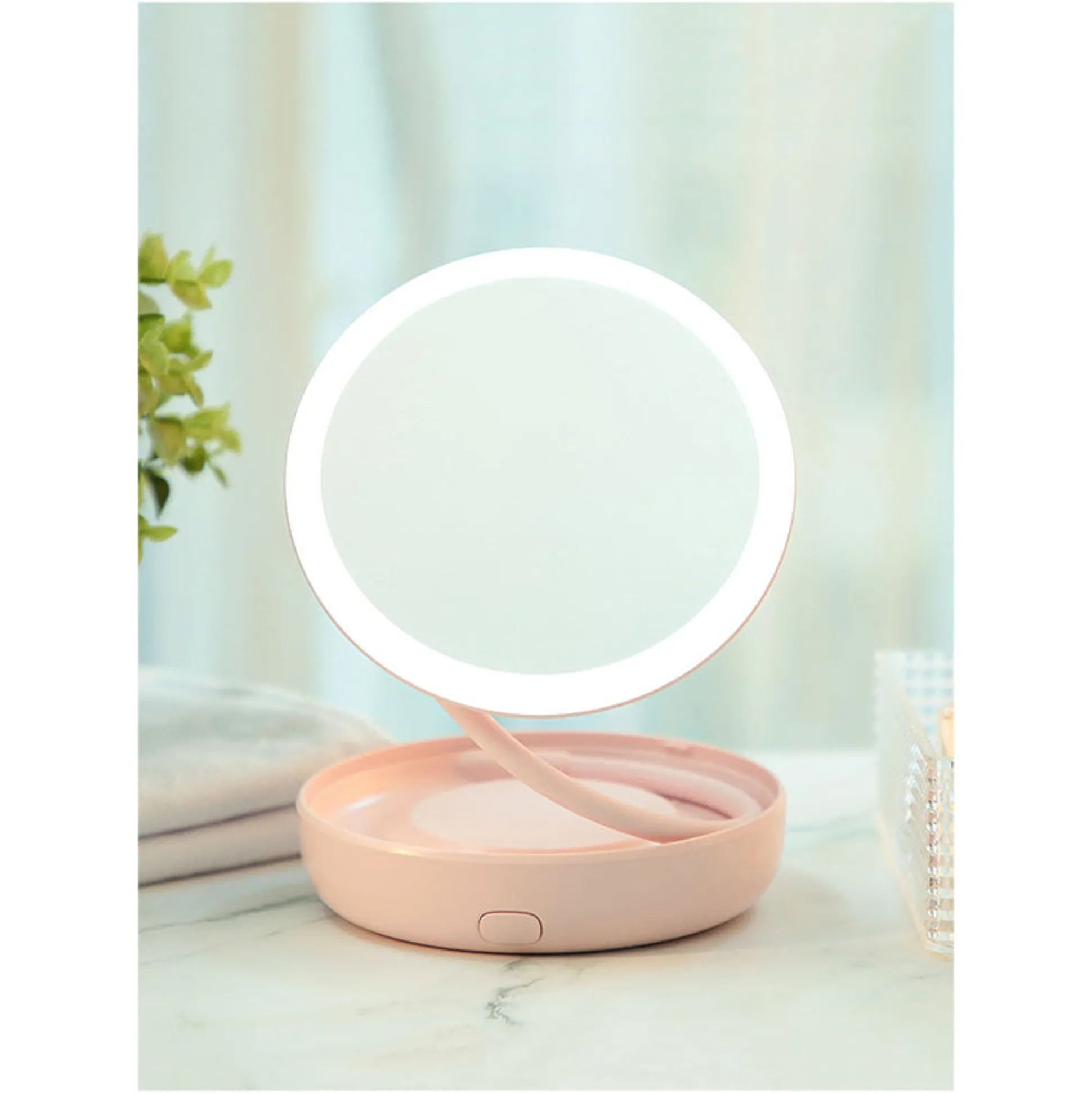 Specchio Rosa Da Tavolo Girevole A 360° Con Led